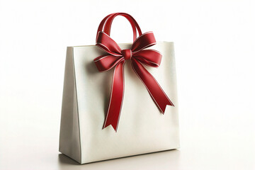 A gift shopping bag with a red ribbon on a white background. (Generative AI)