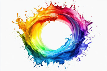 Rainbow paint splash in circular formation, vibrant colors blending seamlessly into each other, creating a dynamic and visually captivating centerpiece.