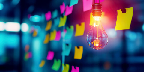 A glowing light bulb with colorful sticky notes in the background.