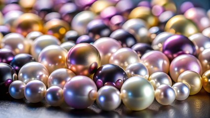 Gray background showcases colorful pearls; low-light enhances their unique gemstone luster.