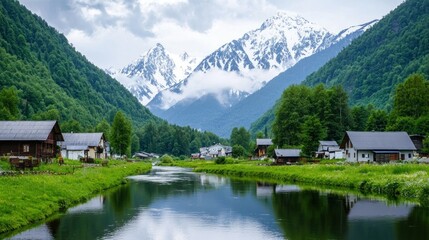 Fototapeta premium Alpine Village by the River