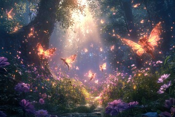 Whimsical fairies with glowing wings, fluttering through a magical forest filled with vibrant flowers and mystical creatures.