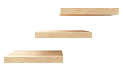 Three wooden shelves isolated on transparent background