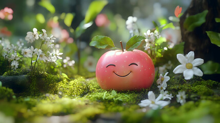 Smiling Pink Apple Resting in Mossy Garden Surrounded by Delicate Flowers