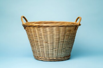 Obraz premium Empty woven wicker laundry basket with handles on light blue background.