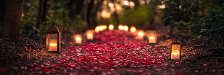 Romantic Valentine's Day Background with Lanterns and Petals