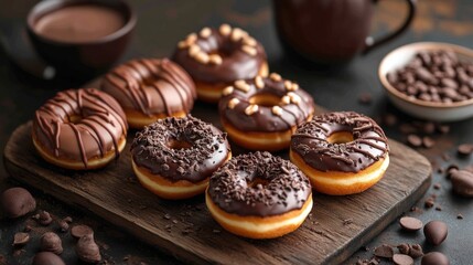 A large pink wooden frame stands empty on a cafe table, inviting menu or art display, surrounded by an assortment of freshly baked donuts, creating a warm atmosphere. 