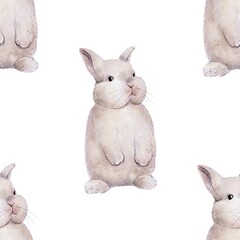 Chubby, fluffy rabbits, hares. Watercolor Seamless pattern. Animals, pets in delicate colors. Kid's style. Design for children's textiles and rooms, stickers and packaging, postcard and wallpaper. 