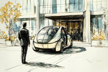 Futuristic Driverless Autonomous Transport - Innovative Smart Mobility Concept - Hand drawn
