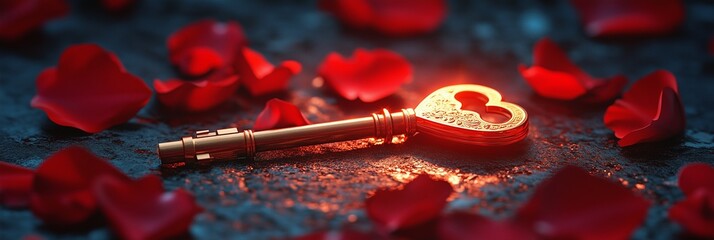 Valentine's Day Heart Key Background with Rose Petals