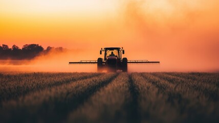 Fototapeta premium Farm tractor spraying crops during sunset agricultural field landscape photography calm environment side view nature impact