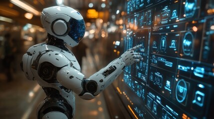 Fototapeta premium Illustration of A white robot flying in the air, pointing at an online control panel with blue buttons and holographic images on it 