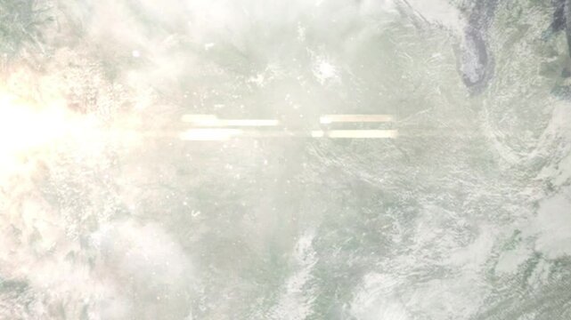 Earth zoom in from space and focus on Manhattan, Kansas, USA. Background for travel blog or intro. Satellite view. 3D style animation. Images from NASA.