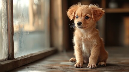 A small puppy sitting alone in an empty room, looking out the window with sad eyes