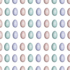 Seamless Easter Colored Eggs Pattern on a white background. It can be used as a design for printing, for textiles, wallpapers, stickers, postcards. Ideal for gift paper, gift wrapping, Packaging