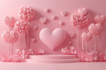 Happy valentines day and stage podium with floating pastel balloon heart shape.