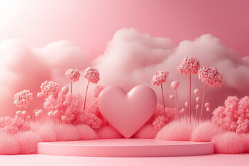 Happy valentines day and stage podium with floating pastel balloon heart shape.