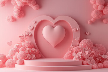 Happy valentines day and stage podium with floating pastel balloon heart shape.