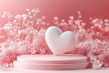 Happy valentines day and stage podium with floating pastel balloon heart shape.