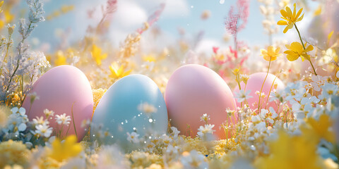 Colorful Easter Eggs on Yellow and White Flowers