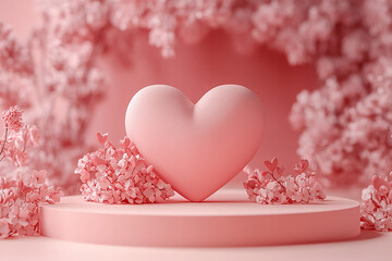 Happy valentines day and stage podium with floating pastel balloon heart shape.