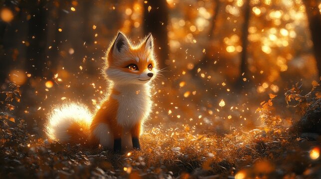 A cute, mythical Kitsune with nine fluffy tails, bright eyes, and a friendly smile, surrounded by magical foxfire wisps, in a serene forest scene