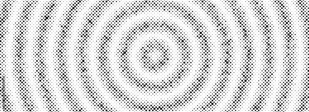 Poster black radial halftone circle background. dotted sound wave ring wallpaper. stipple epicenter, target