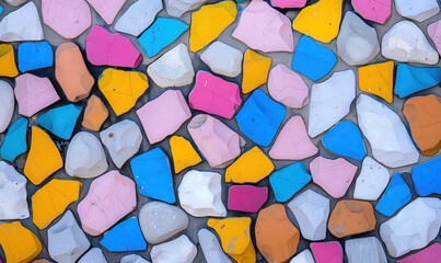 Vibrant Mosaic of Colorful Pebbles and Rocks in Various Shapes and Sizes Perfect for Decorative Backgrounds and Artistic Designs in Bright Hues