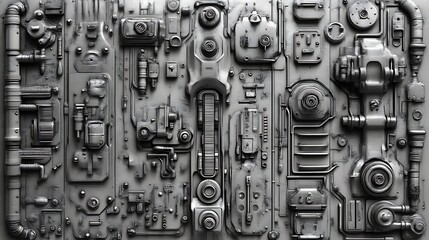 A Monochrome Panel of Futuristic Mechanical Components