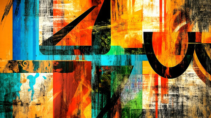 Abstract urban art collage, vibrant colors, textured background, suitable for modern design projects