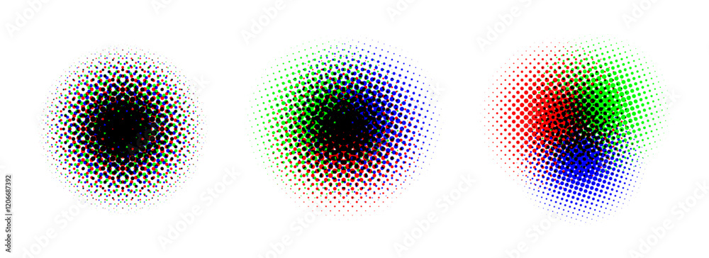 Poster halftone round background set. rgb color dotted half tone shapes. grunge ink press splash stains and