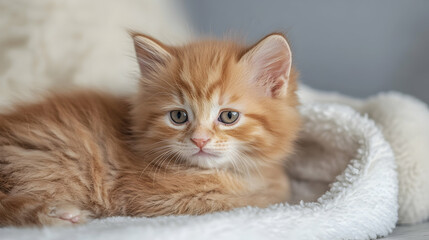 Adorable ginger kitten resting on soft blanket, indoor setting, peaceful background.  Perfect for pet product websites