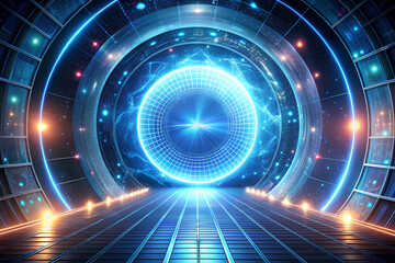 Futuristic digital with glowing circular grid in space