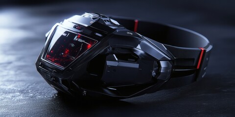 Futuristic smartwatch dark surface red accent