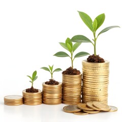 Money coin stack growing and trees for business finance and money concept isolated on white background.
