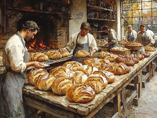 Traditional bakery where bakers are kneading dough proofing bread and carefully loading items into an oldfashioned brick oven