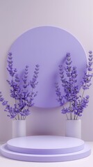 Elegant lavender display with circular backdrop and modern vases