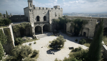Obraz premium Overgrown courtyard of an ancient stone castle, overlooking a scenic landscape. A tranquil scene of history and nature blending together.