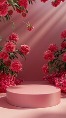 Vibrant Pink Floral Background with Round Display Platform