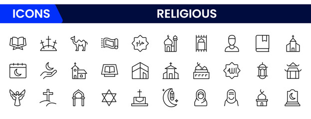  Religious line icons collection. Big UI icon set in a flat design. Thin outline icons pack. Vector illustration
