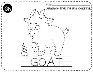 Goat alphabet G letter tracing, Animal trace and coloring pages for kid, Coloring pages outline, English vocabulary, Kindergarten and preschool activity, Alphabet tracing worksheet.