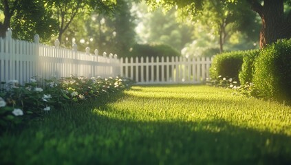 Fototapeta premium Sunlit garden path with white picket fence, lush green grass, and blooming flowers.