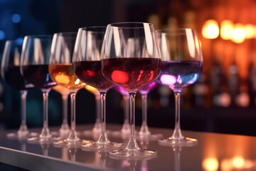 A row of wine glasses with different colored wine in them