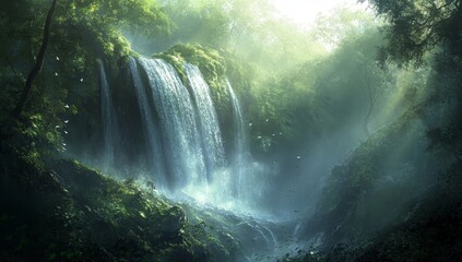 Sunlit waterfall cascading through lush green forest, misty atmosphere.
