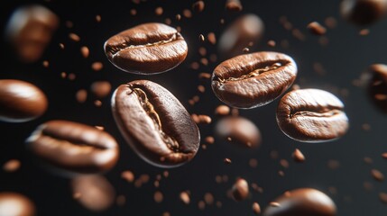 Fototapeta premium Roasted Coffee Beans in Motion: A Stunning Visual of Aromatic Coffee Beans