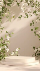 Elegant Minimalist Display with Greenery and White Flowers Background