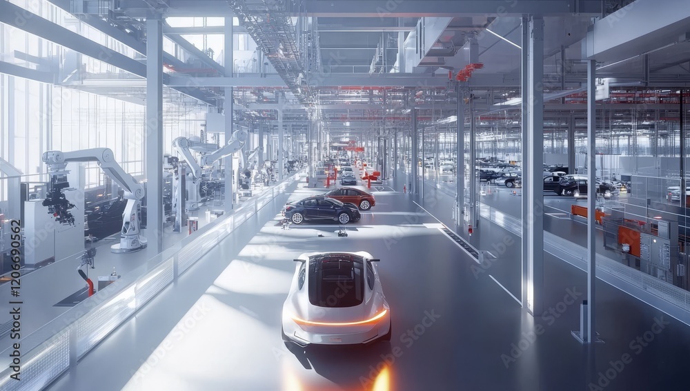 Poster modern automotive factory assembly line with robots and cars.