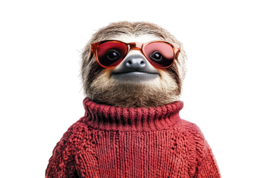 Sloth wearing knitted sweater and glasses isolated on white or transparent PNG
