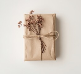 Simple brown gift wrapped with twine and dried flowers.