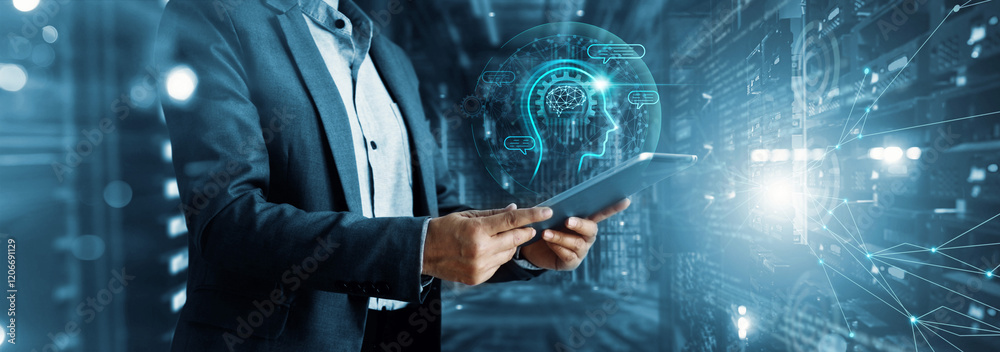 Aufkleber AI, Artificial Intelligence. Machine learning, Chatbot, Businessman using AI technology for data analysis business, coding computer language with digital brain.